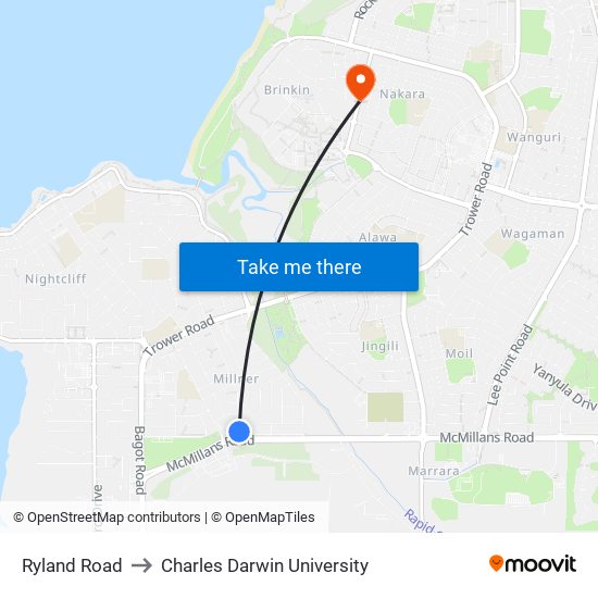 Ryland Road to Charles Darwin University map