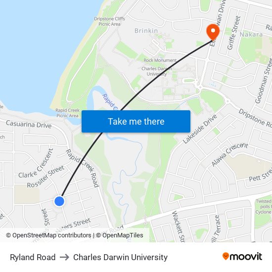 Ryland Road to Charles Darwin University map