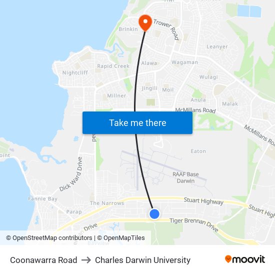 Coonawarra Road to Charles Darwin University map
