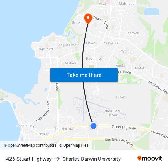 426 Stuart Highway to Charles Darwin University map