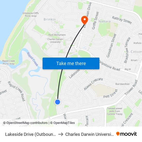 Lakeside Drive (Outbound) to Charles Darwin University map