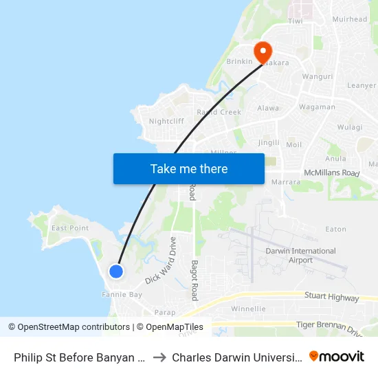 Philip St Before Banyan St to Charles Darwin University map