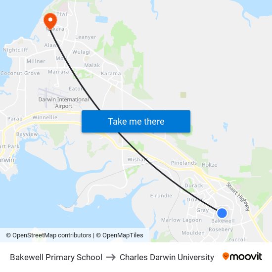 Bakewell Primary School to Charles Darwin University map