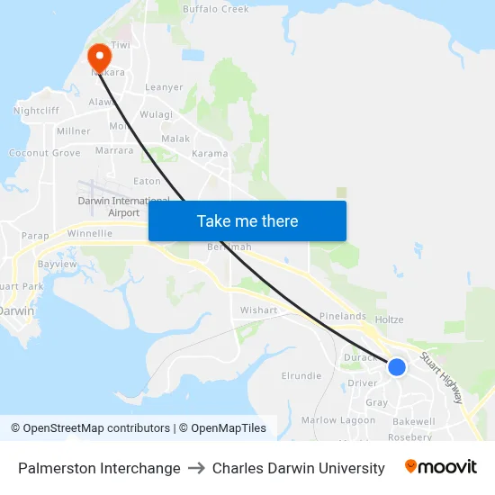 Palmerston Interchange to Charles Darwin University map