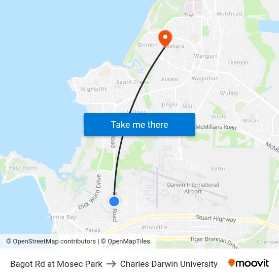 Bagot Rd at Mosec Park to Charles Darwin University map
