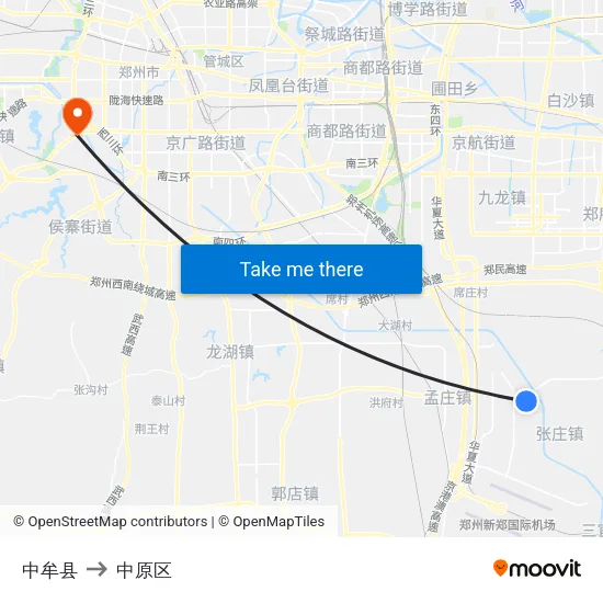 中牟县 to 中原区 map