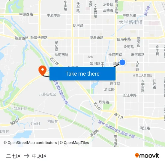 二七区 to 中原区 map