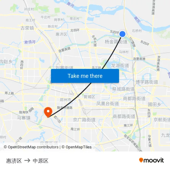 惠济区 to 中原区 map