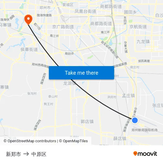 新郑市 to 中原区 map