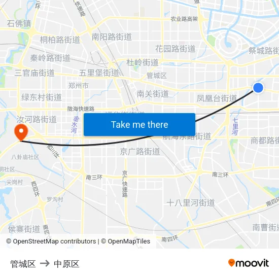 管城区 to 中原区 map