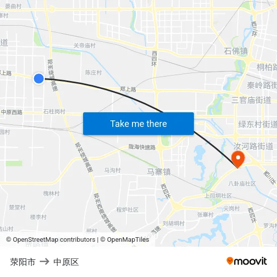 荥阳市 to 中原区 map