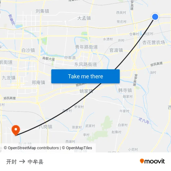 开封 to 中牟县 map