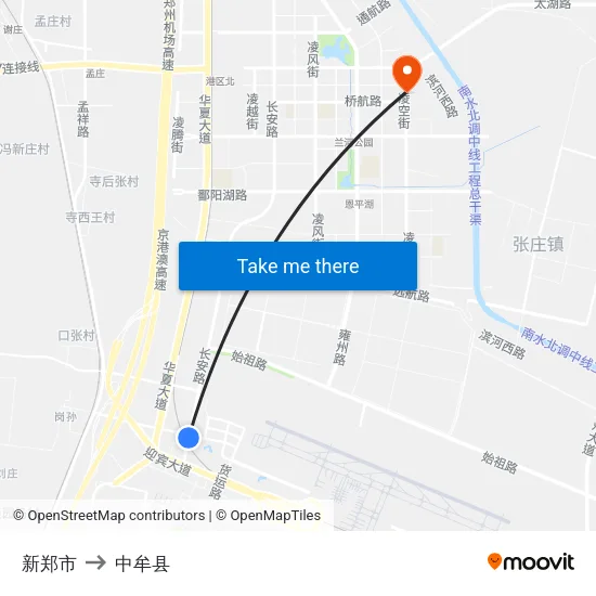 新郑市 to 中牟县 map