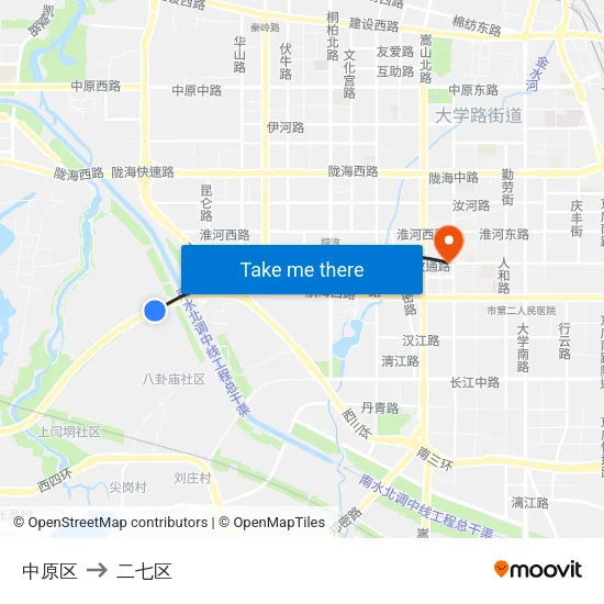 中原区 to 二七区 map