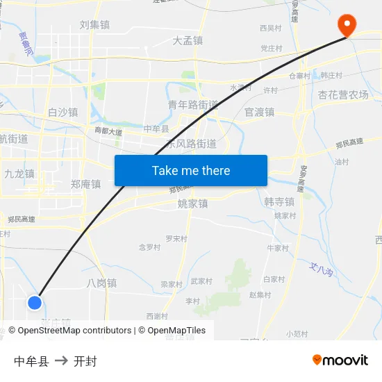 中牟县 to 开封 map
