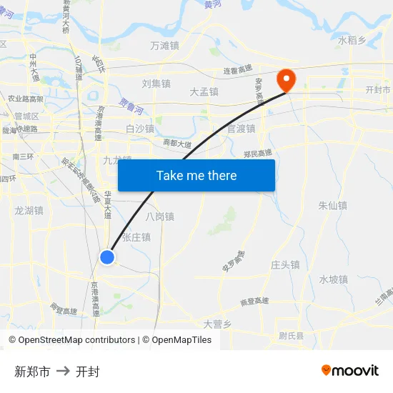 新郑市 to 开封 map
