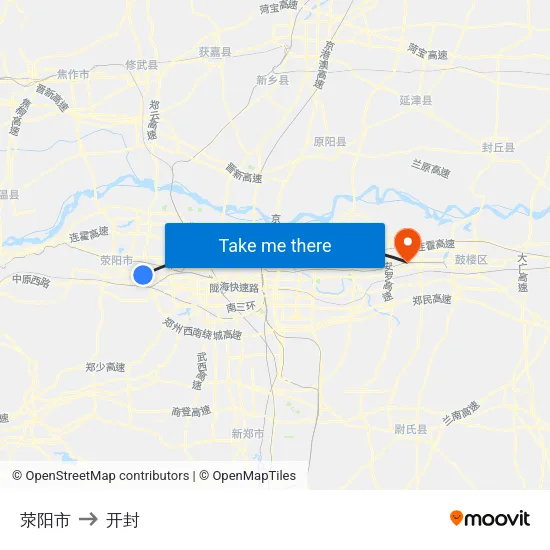 荥阳市 to 开封 map