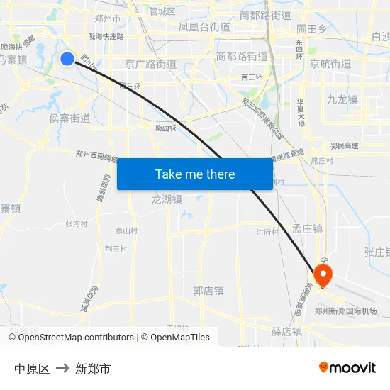 中原区 to 新郑市 map