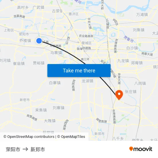 荥阳市 to 新郑市 map
