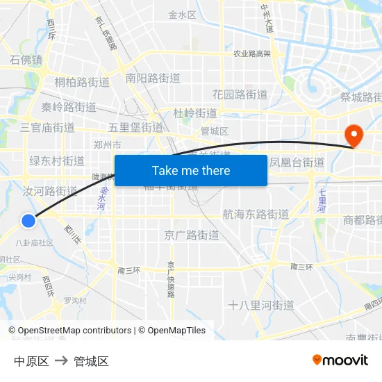 中原区 to 管城区 map