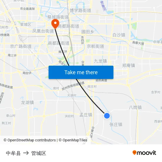 中牟县 to 管城区 map