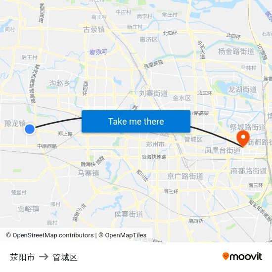 荥阳市 to 管城区 map