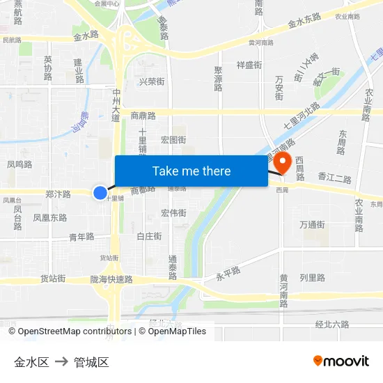 金水区 to 管城区 map