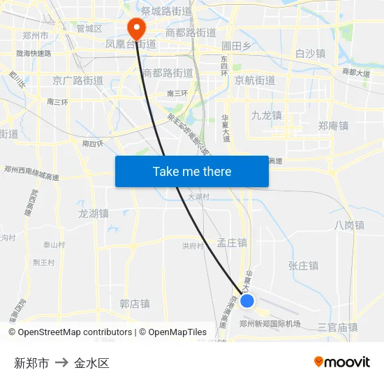 新郑市 to 金水区 map