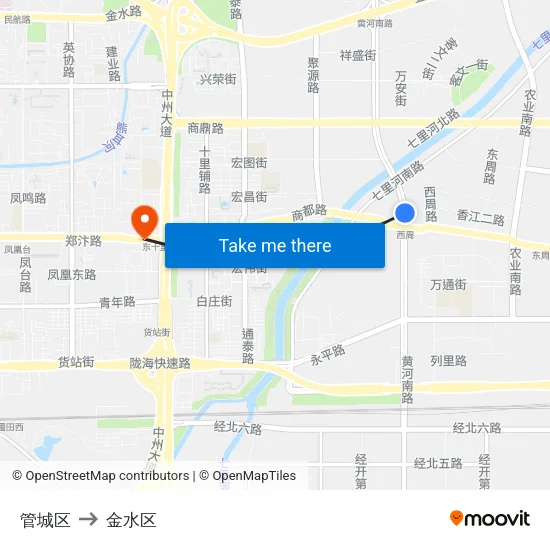 管城区 to 金水区 map