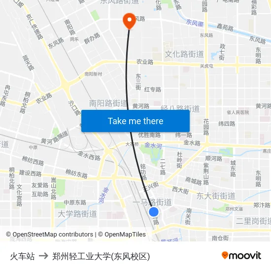 火车站 to 郑州轻工业大学(东风校区) map