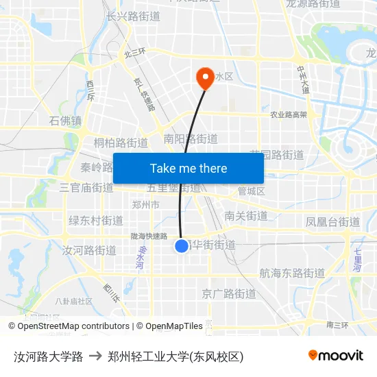 汝河路大学路 to 郑州轻工业大学(东风校区) map