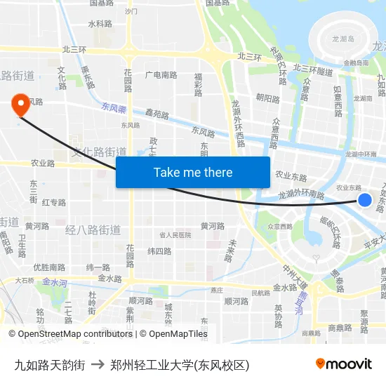 九如路天韵街 to 郑州轻工业大学(东风校区) map