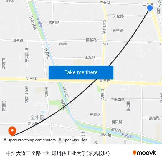 中州大道三全路 to 郑州轻工业大学(东风校区) map