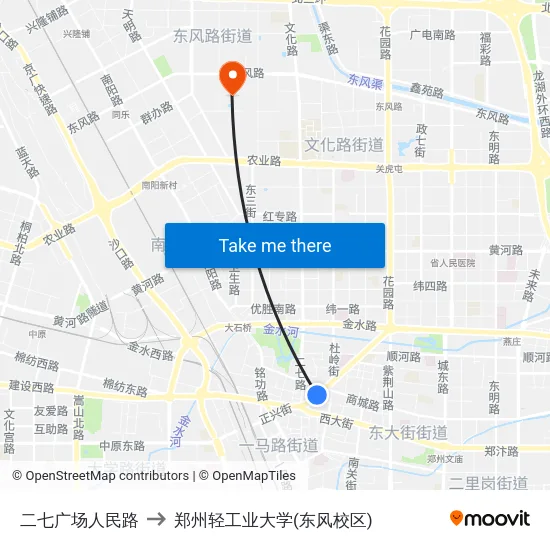 二七广场人民路 to 郑州轻工业大学(东风校区) map