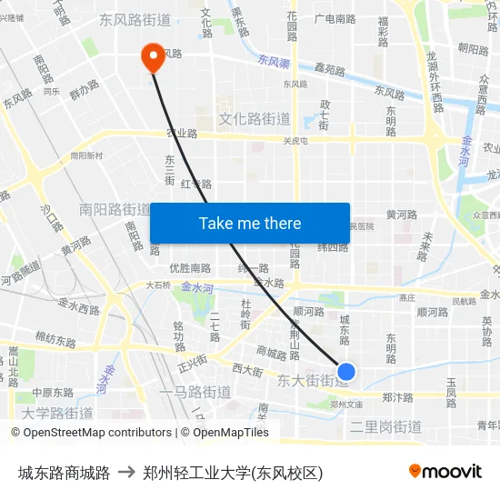 城东路商城路 to 郑州轻工业大学(东风校区) map