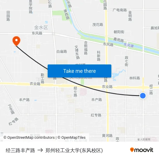经三路丰产路 to 郑州轻工业大学(东风校区) map