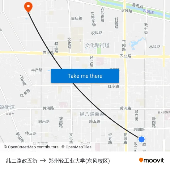 纬二路政五街 to 郑州轻工业大学(东风校区) map