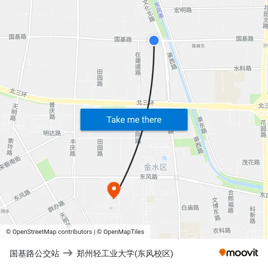 国基路公交站 to 郑州轻工业大学(东风校区) map