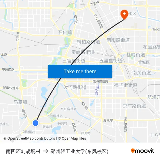 南四环刘胡垌村 to 郑州轻工业大学(东风校区) map