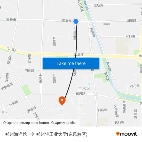 郑州海洋馆 to 郑州轻工业大学(东风校区) map