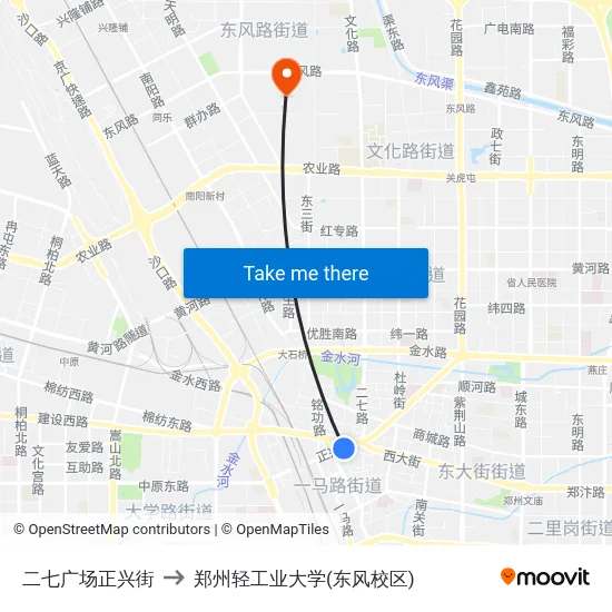 二七广场正兴街 to 郑州轻工业大学(东风校区) map