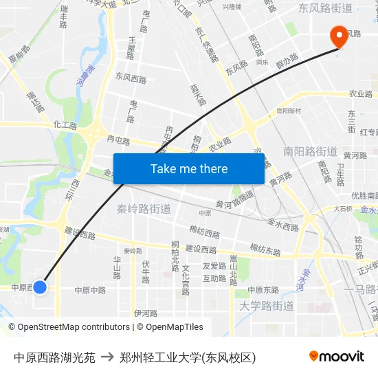 中原西路湖光苑 to 郑州轻工业大学(东风校区) map