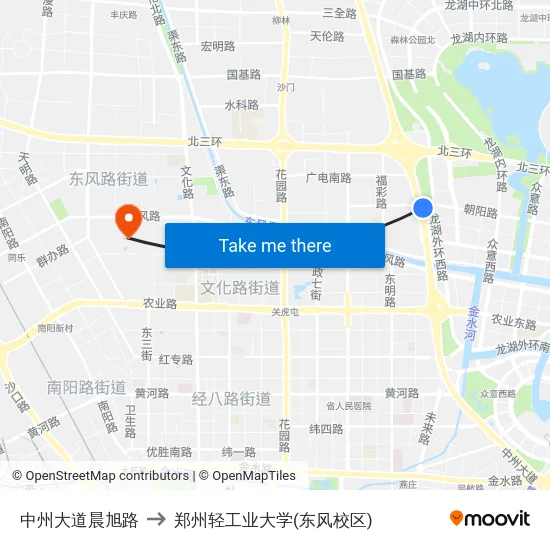 中州大道晨旭路 to 郑州轻工业大学(东风校区) map