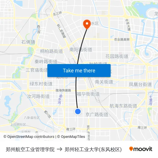 郑州航空工业管理学院 to 郑州轻工业大学(东风校区) map