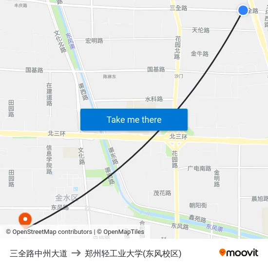 三全路中州大道 to 郑州轻工业大学(东风校区) map