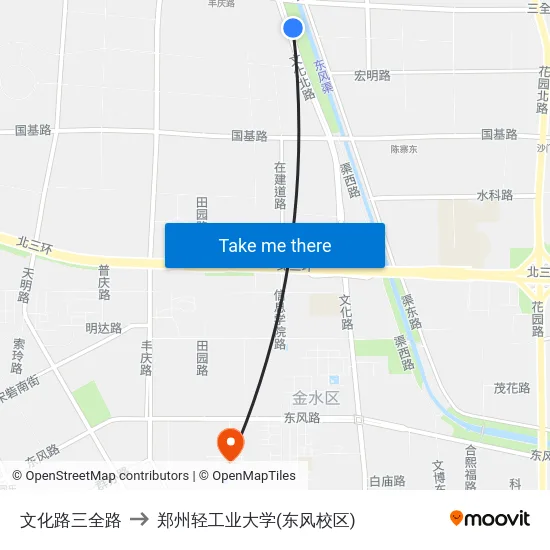 文化路三全路 to 郑州轻工业大学(东风校区) map