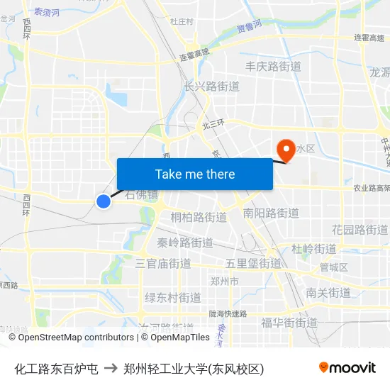 化工路东百炉屯 to 郑州轻工业大学(东风校区) map