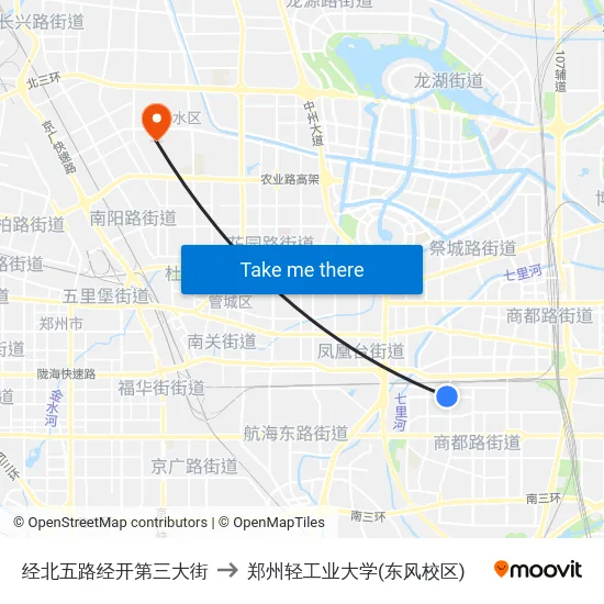 经北五路经开第三大街 to 郑州轻工业大学(东风校区) map