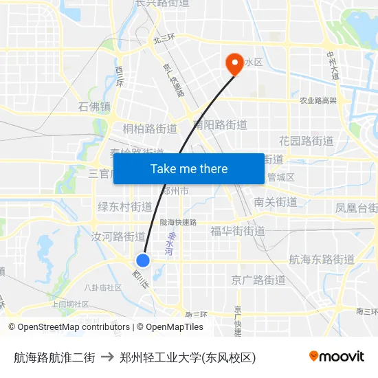 航海路航淮二街 to 郑州轻工业大学(东风校区) map