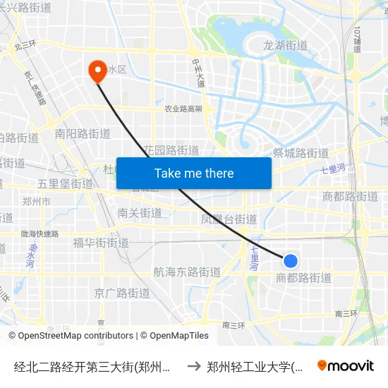 经北二路经开第三大街(郑州人力资源市场) to 郑州轻工业大学(东风校区) map